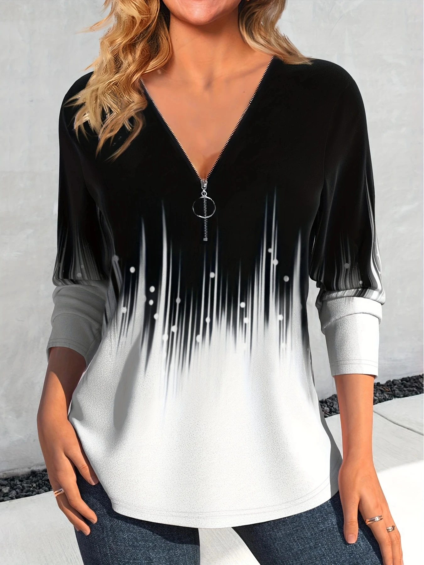 Women\'s Fashion Lightning Printed Zipper Long sleeved Top