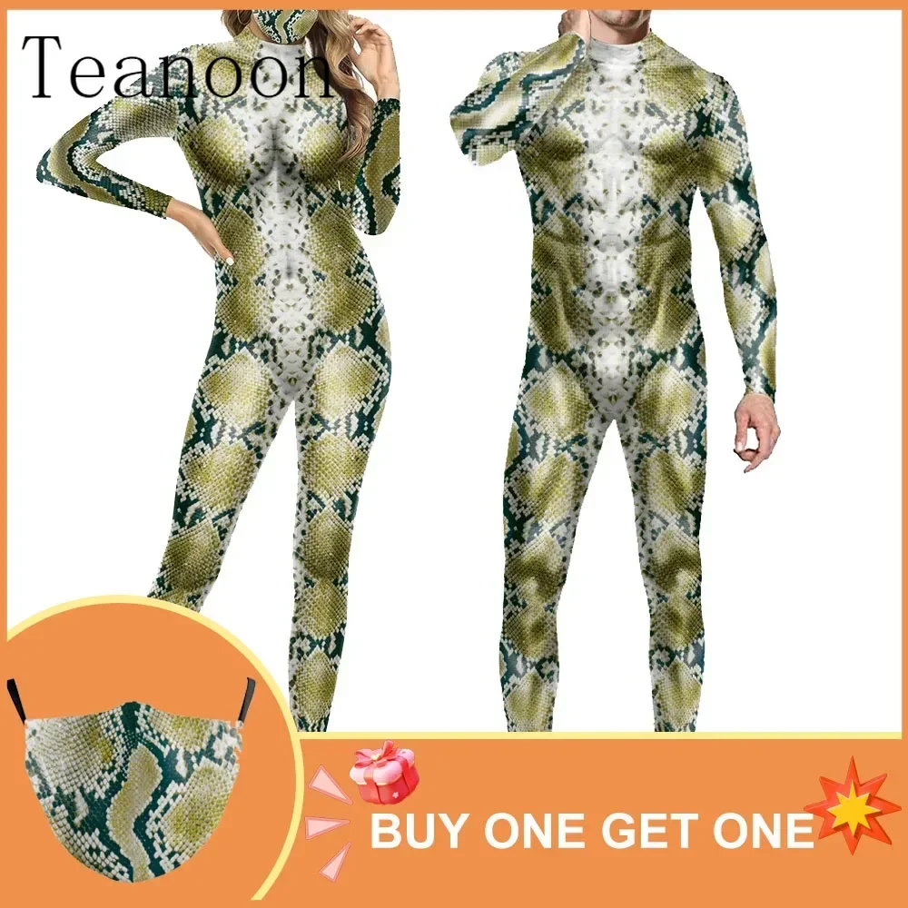 Halloween Funny Animal Snake Skin Printing Cosplay Costume Holiday Party Jumpsuit Men Women Long Sleeve Bodysuit Stage Catsuit