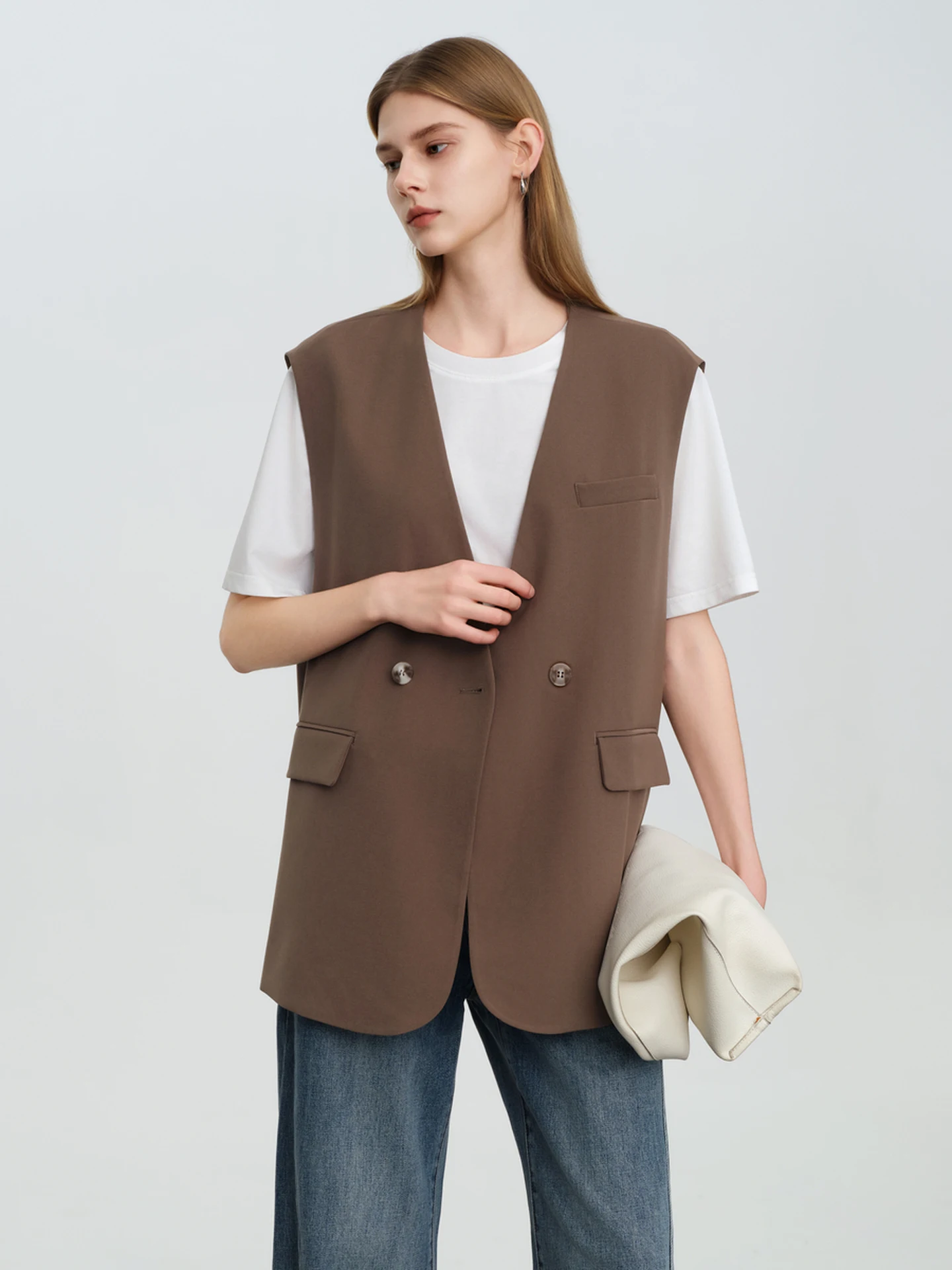 

Elva' Island Vintage Coffee Loose Suit Vest Women's Casual Svel V-ne Top Polyester Fiber Spandex Elastic Fiber