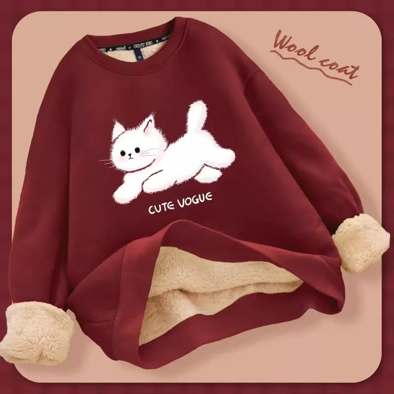 Thickened Fleece Women's Hoodless Sweatshirt round Neck Long Sleeve Printed Loose Fit Korean Sle Winter Clothing Red Color