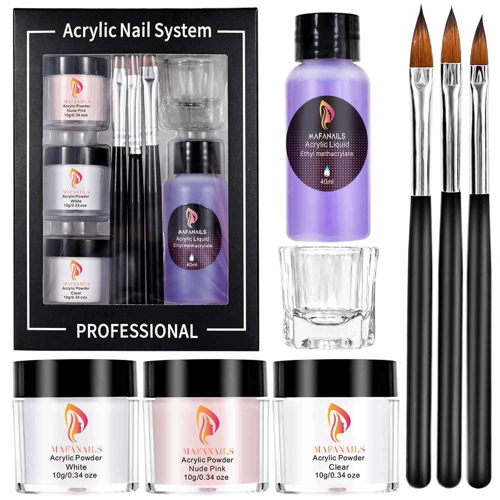 8 Stuks/Kit Acryl Poeder & Vloeibare Set 10G * 3jar Acryl Poeder + 40Ml Acryl Vloeistof + 3 Stuks Acryl Pen + Glazen Beker Diy Extension Poeder