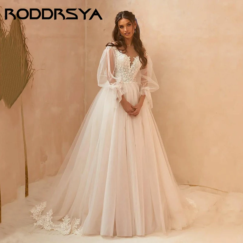 RODDRSYA Elegante O-Neck Puff Manga Vestido De Noiva Botão Sonhador Voltar A linha Noiva Festa 2023 Romântico Tulle Applique Vestido De Noiva Elegante O-Neck Puff Manga Vestido De Noiva Botão Sonhador Voltar A linha No