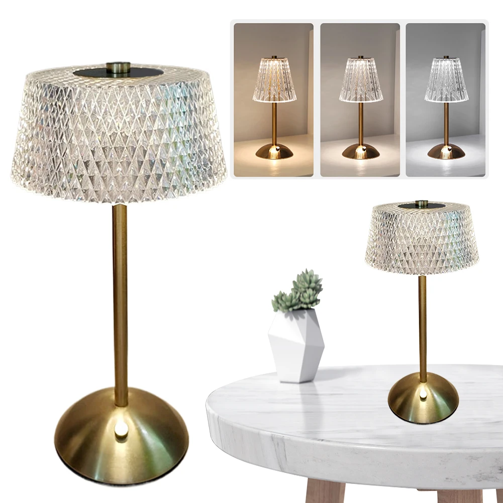 Sem fio recarregável cristal abajur, metal abajur, toque controle, 3 modos de cores, portátil, retro, mesa, quarto, bar