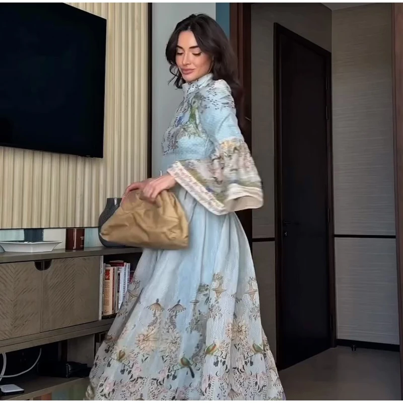 Elegant Floral Printed Women's Dress Stand Collar Full Puff Sleeve A-line Long Dresses 2026 Summer Vacation Party Lady Robes