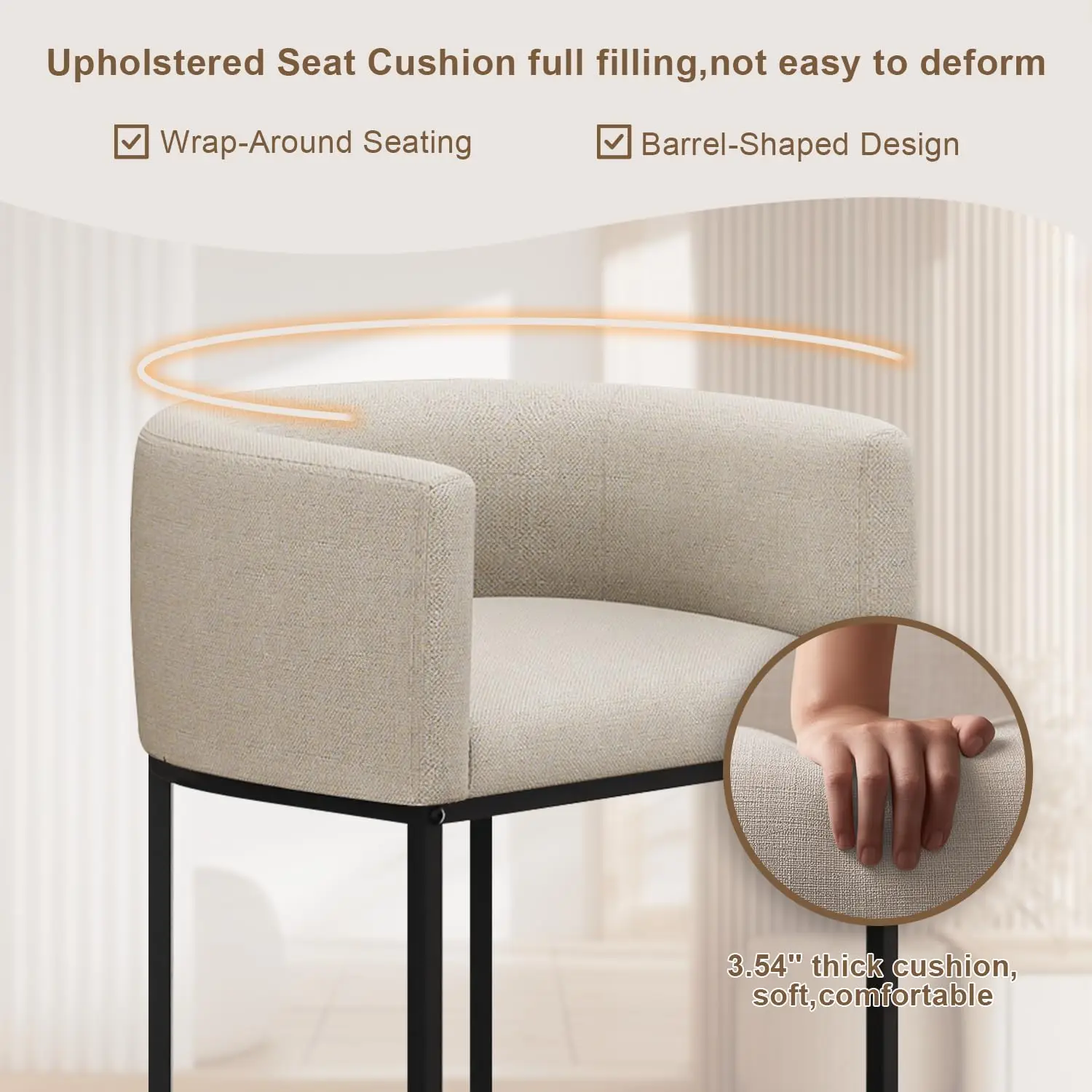 26" H Counter Height Bar Stools, Modern Barrel Counter Stools With Backrest And Arms, Linen Fabric Upholstered Accent Barstools