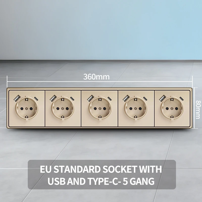 2 USB Type-C snel opladen EU Schuko stopcontact, 80x80mm modern design 16A 250V h 1 tot 5-voudig stopcontact voor thuiskantoor
