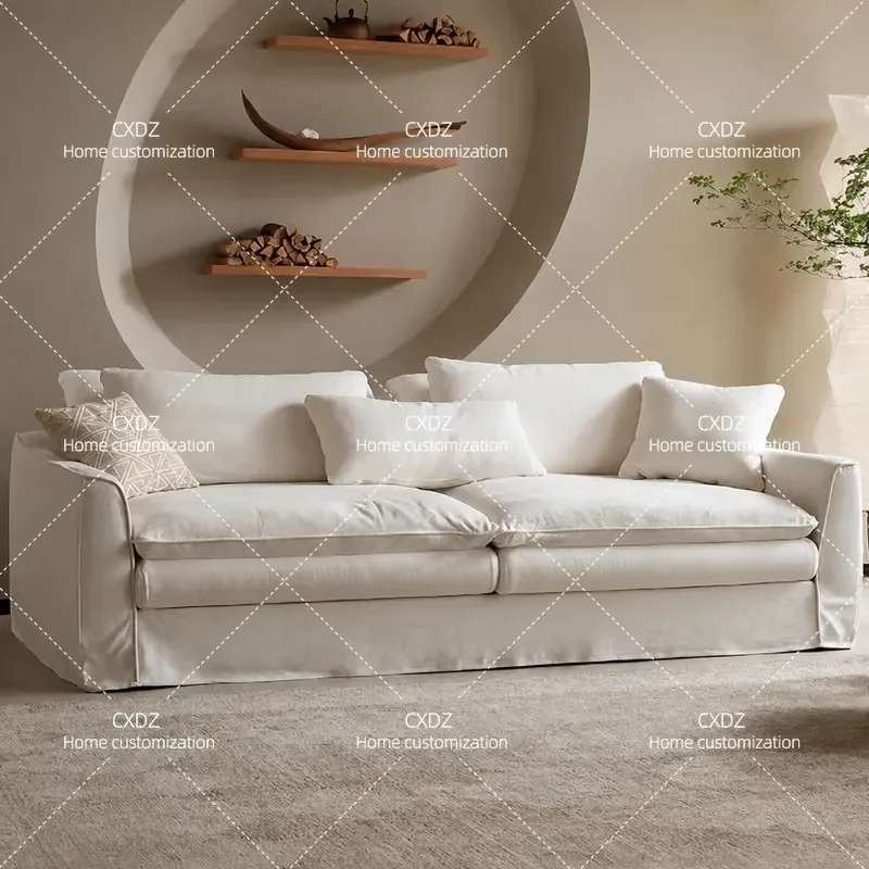 Nordic small apartment living room straight row fabric sofa three-person wabi-sabi cream wind cotton and linen removable and