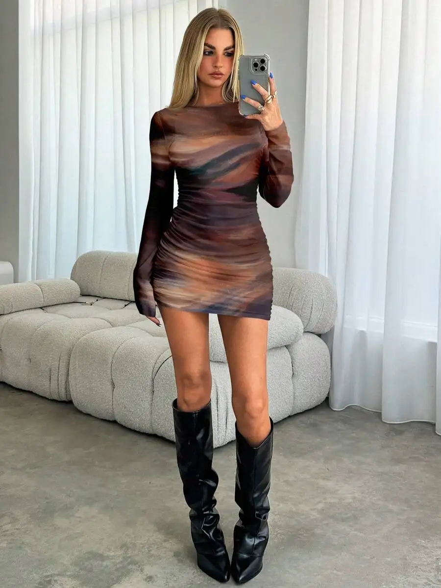 

Women's Sheer Long Sleeve Ruched Mini Bodycon Dress with Abstract Swirl Print