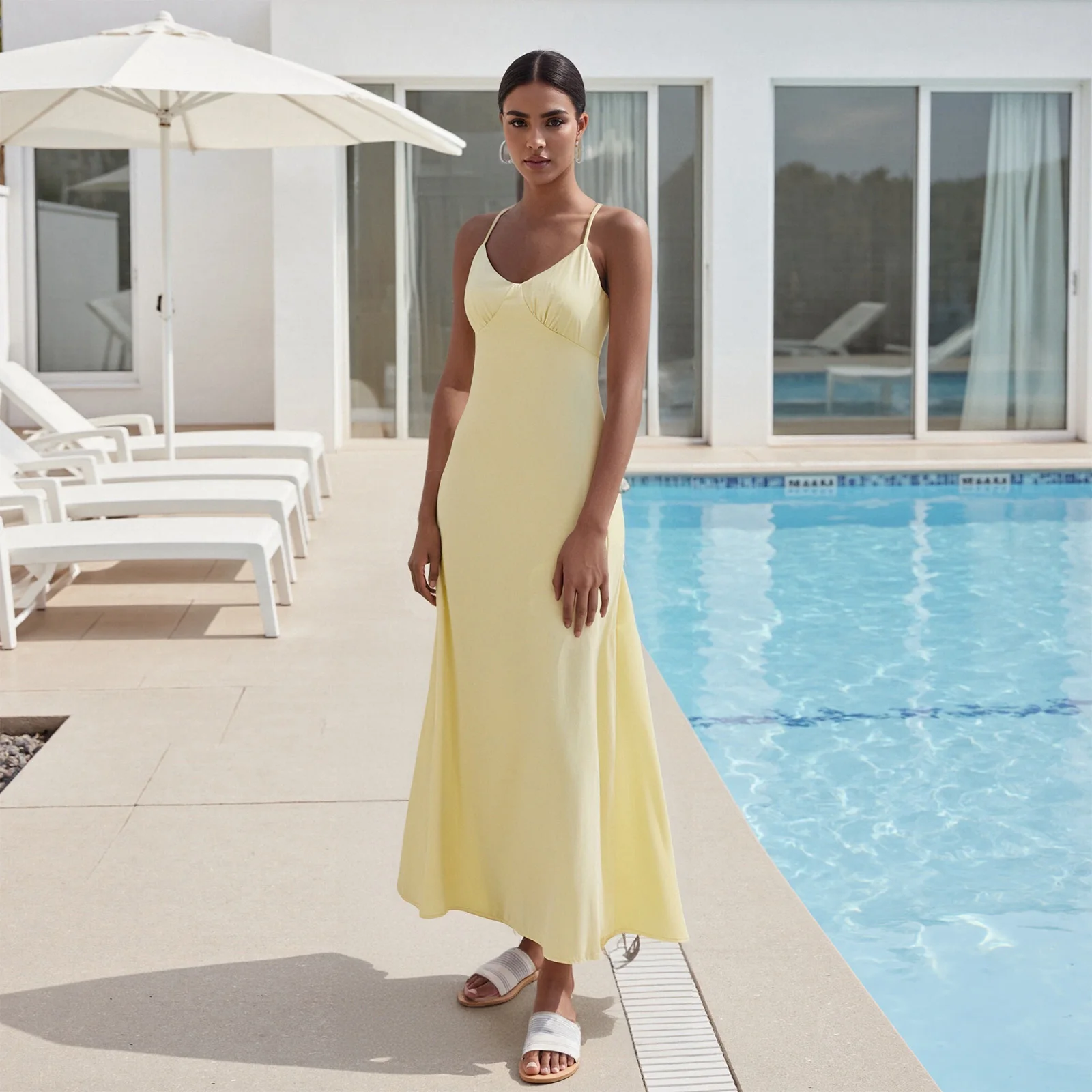 ใหม่แฟชั่นสตรีซาตินยาวชุดเดรสสีทึบสปาเก็ตตี้สายคล้องคอกลับ CROSS SLIM FIT ชุดขายร้อน S M L