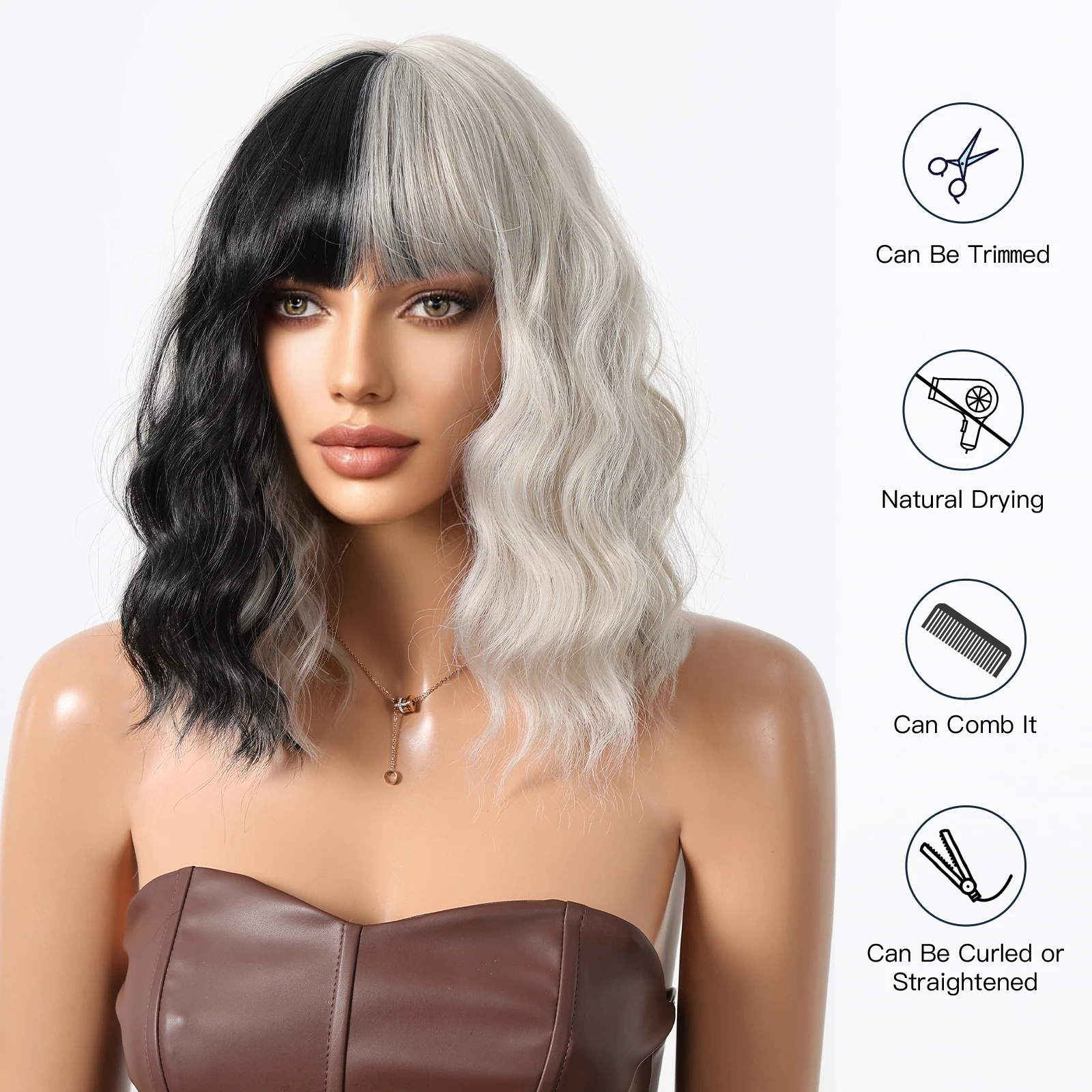 هالوين قصيرة مجعد بوب بيروكات صناعية لونين أبيض وأسود موجة شعر مستعار اصطناعي مع الانفجارات للنساء تأثيري جزء #4