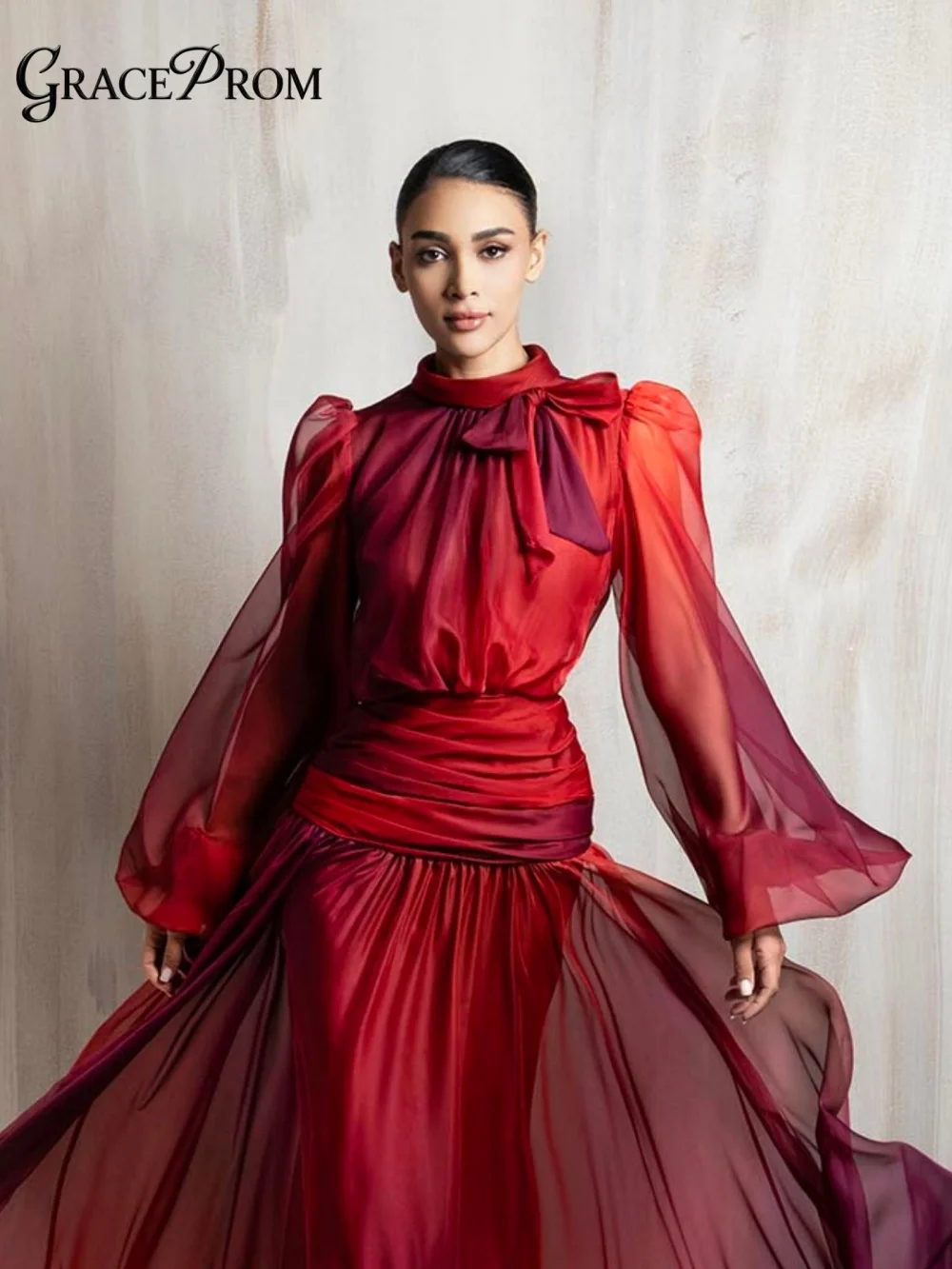 

Glamorous Ombre Red Burgundy Evening Gown High Neck Bow Tie Long Sleeve Ruched Flowy Chiffon Formal Prom Dress For Red Carpet