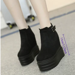 Comemore 13cm High Heels Boots Black Suede Wedges Platforms Shoes Autumn Women Ankle Boots Height Increasing Pumps Bottine Femme