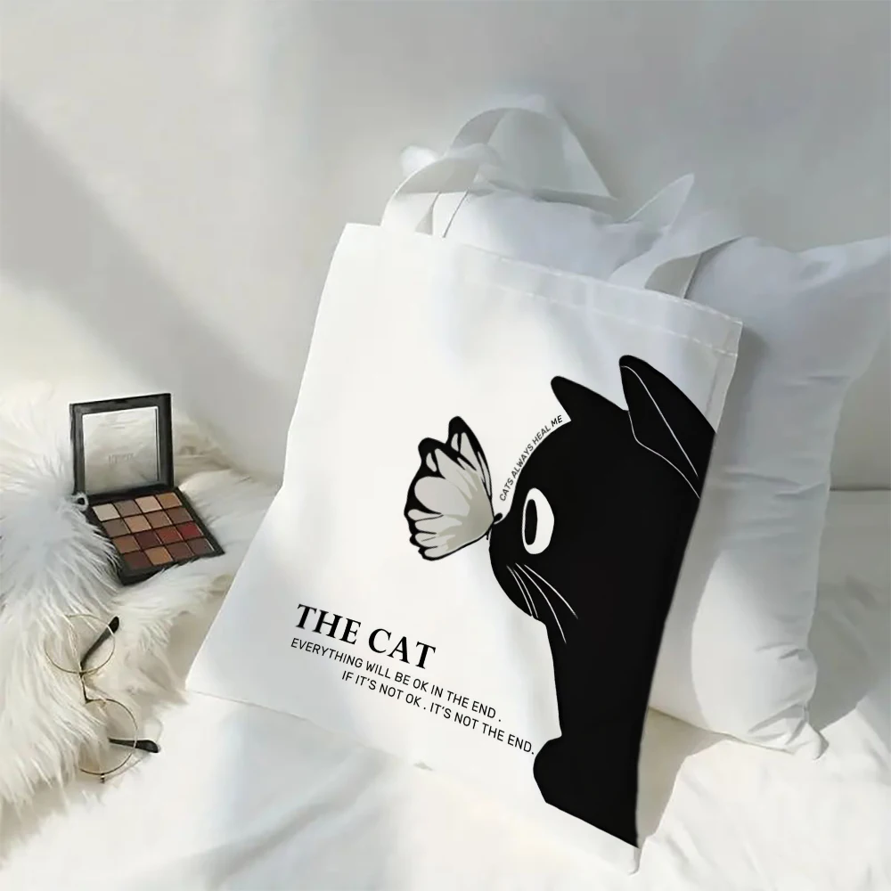 

Популярная холщовая сумка с милым котом и бабочкой, сумка на плечо, сумка двойного назначения для студентов, может работать с холщовой сумкой большой вместимости