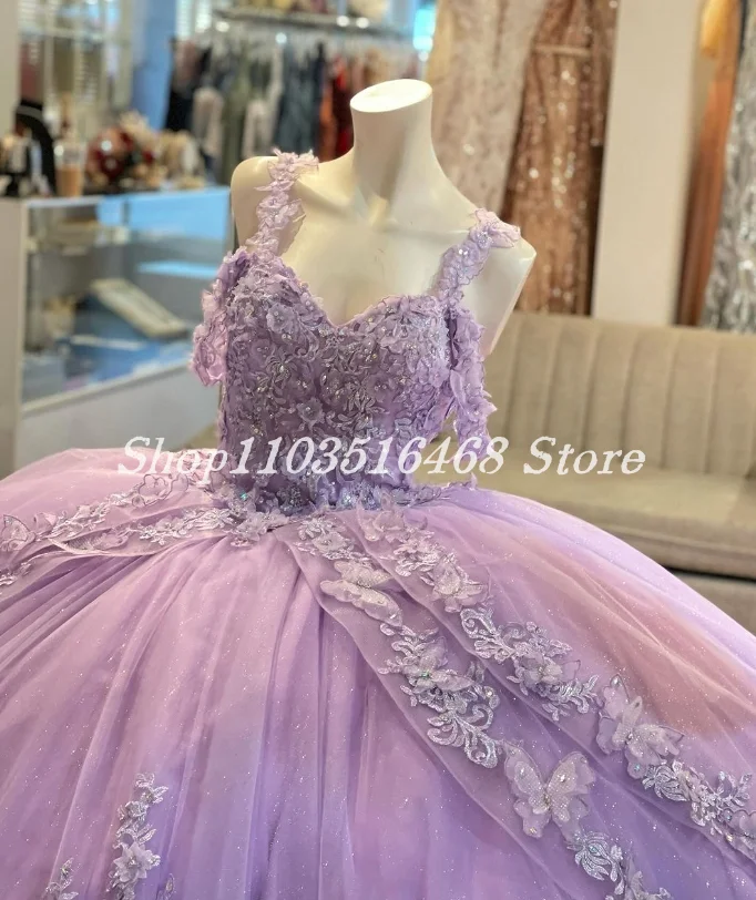 Vestido De Quinceañera púrpura De princesa brillante De lujo, mariposa De cristal, bordado, Poncho con volantes, 15 Quinceañera, 2024