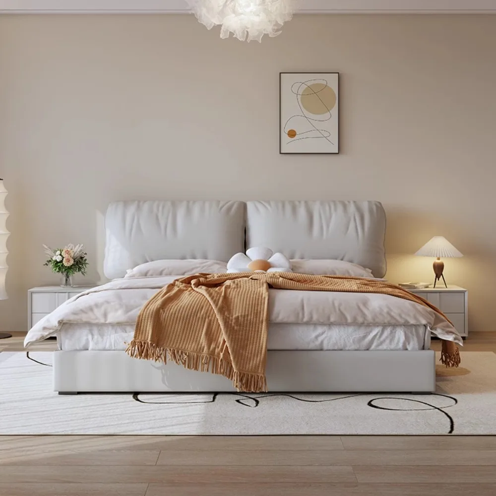 

Elegant Modern Queen Bed Unique Luxury Headboard Stylish Nightstand Frame Home Decoration Cozy Bedroom Aesthetic Home Decoration