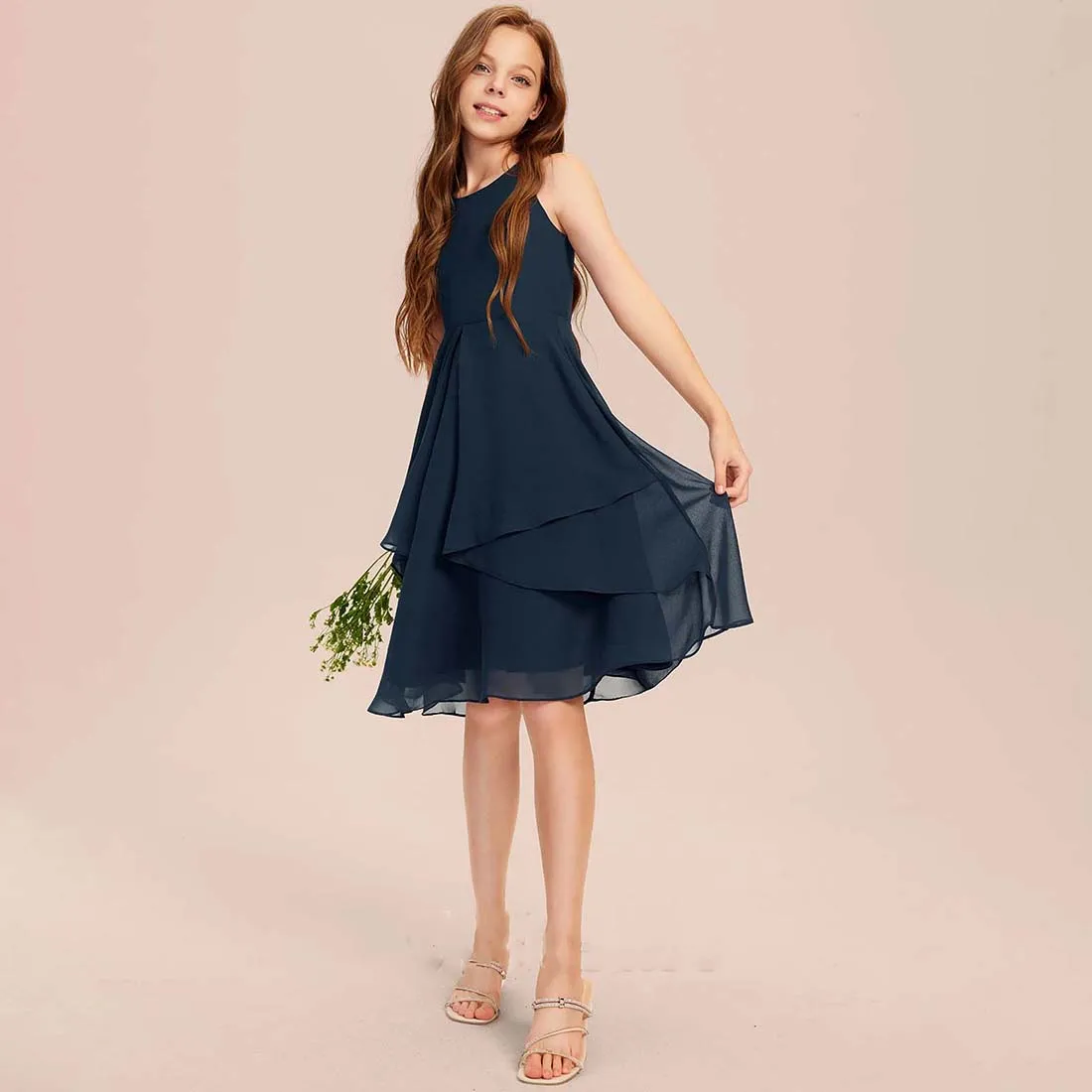 

YZYmanualroom Chiffon Junior Bridesmaid Dress A-line Scoop Knee-Length 2-15T