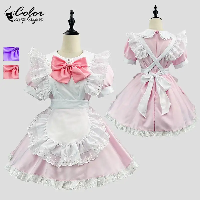 Kleur Cosplayer Roze Lolita Jurk Pak Paarse Strik Meid Verkleed Koffiebediende Uniform Anime Cosplay Kostuum Volwassen Kleding