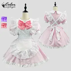 Color Cosplayer Pink Lolita Dress Suit Purple Bow Maid Dress Up Coffee Servant Uniform Anime Cosplay Costume Adult Clothing