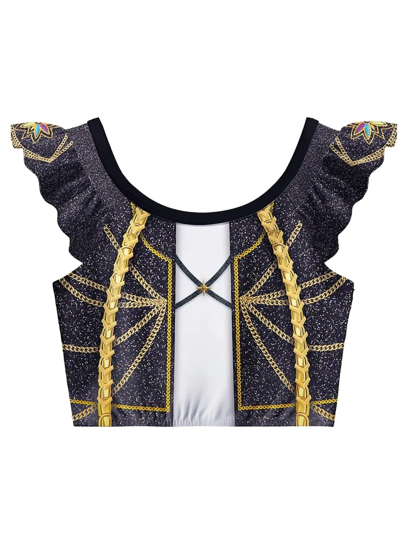 Glam Rock Girls 3 Pcs Swimsuit Set Black Gold Chain Print Ruffle Top & Contrast Color Bottoms with Swim Cap Kids Concert Costume image 4