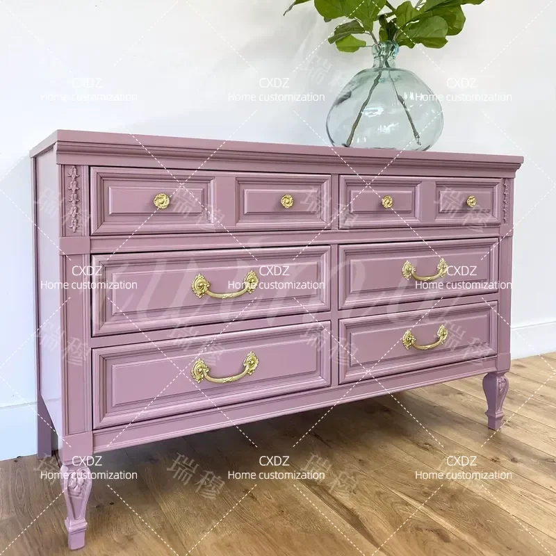 French Rose Red Retro Bucket Cabinet American Carved Solid Wood Storage Cabinet for Living Room Bedroom Integrated Home
