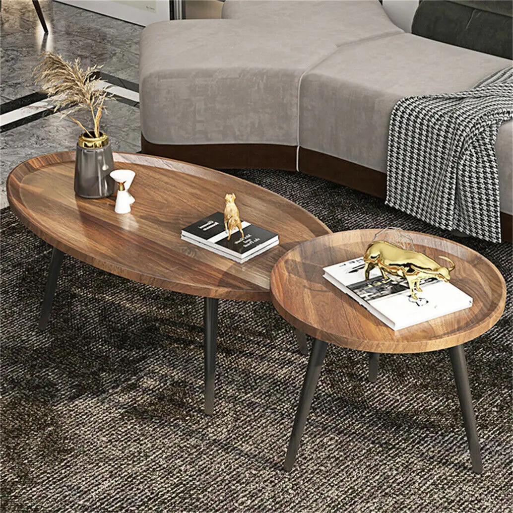 LUVODI Irregular Living Room Coffee Table Set Small Drop-shaped Solid Wooden Sofa Side End Table 2-in1 with Triangle Legs