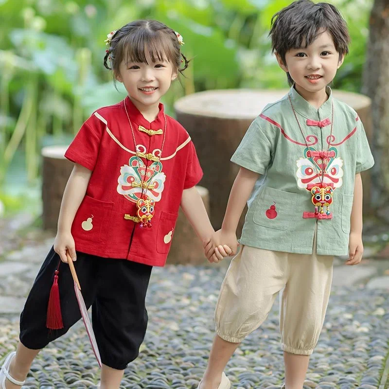 

6 Color Summer Chinese Style Tiger Lock Fish Long Sleeved Short Sleeved Tang Suit Boys Girls Children's Birthday Party Costumes