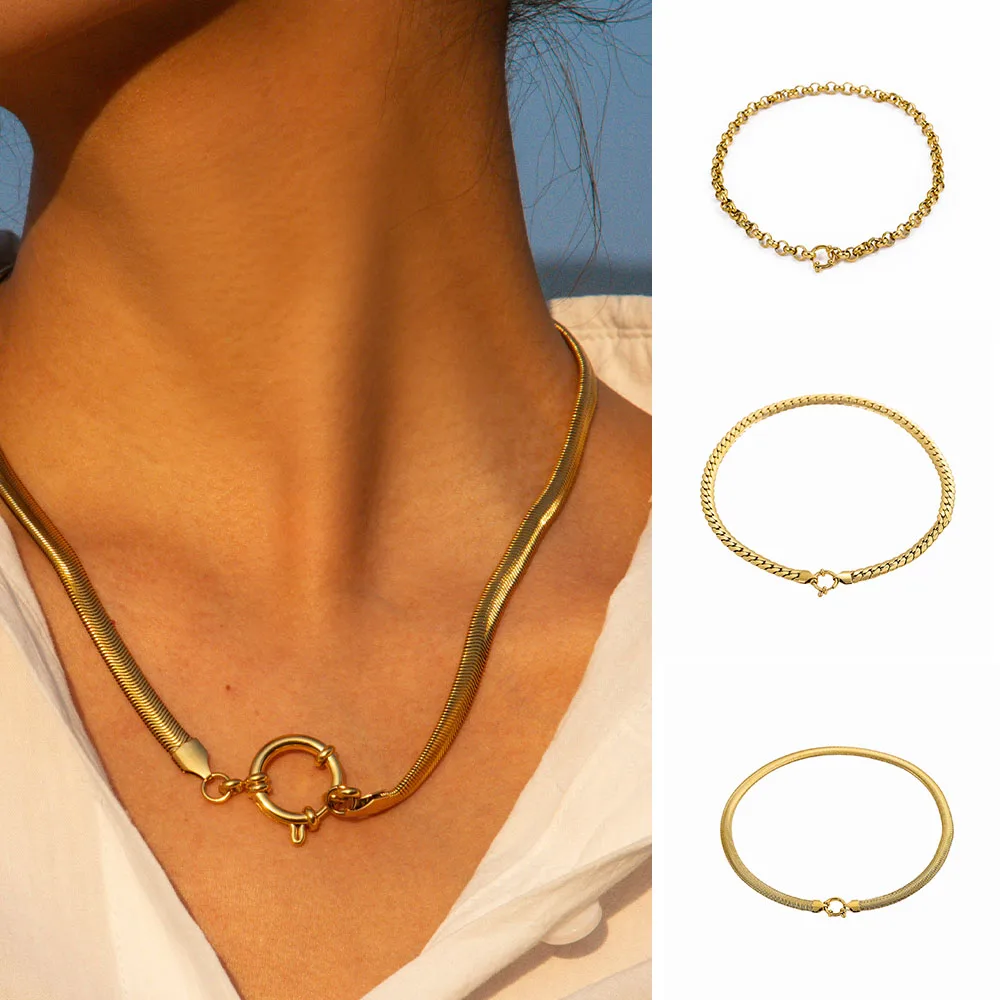 

Gold Plated Waterproof Tarnish Free Stainless Steel Paper Clip Snake Chain Spring Clasp Necklace Chains For DIY Jewelry Making
