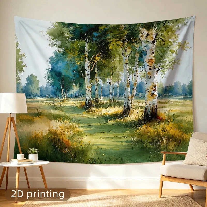 VIKAMA Watercolor Forest Tapestry Birch Trees Wildflower Meadow Natural Scenery Wall Hanging Vintage Painting Style Wall Art Hom