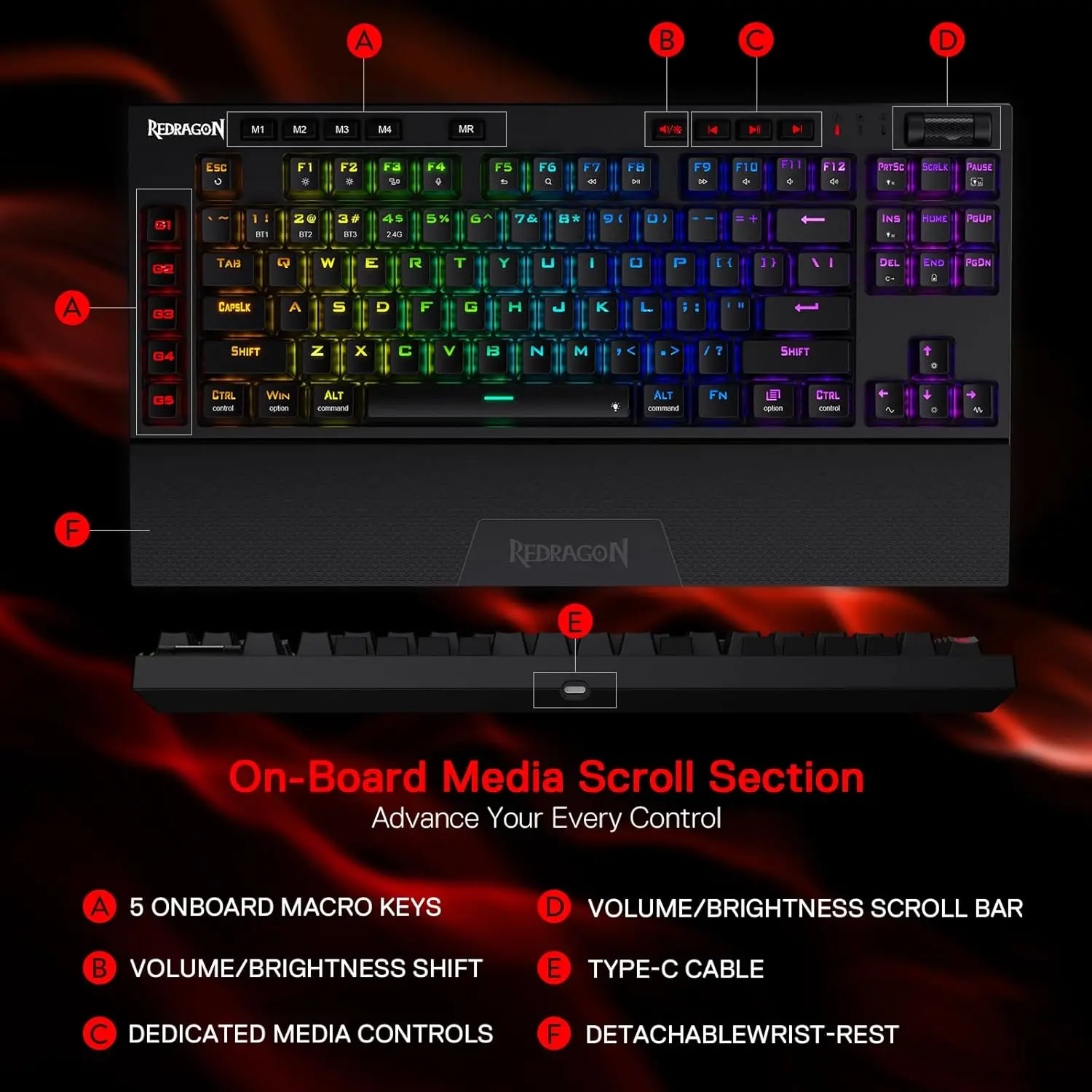 Redragon K596 PRO RGB 5.0 BT/2.4 Ghz/Wired Three Modes Hot-Swappable 87 Keys TKL Wrist Rest Mechanical Gaming Keyboard