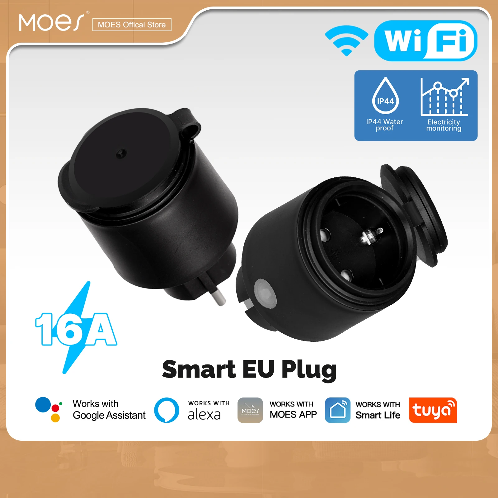 MOES Smart Plug 16A EU WiFi Outdoor Socket IP44 Waterproof Dustproof Power Monitor Works with Alexa Google Home Tuya​