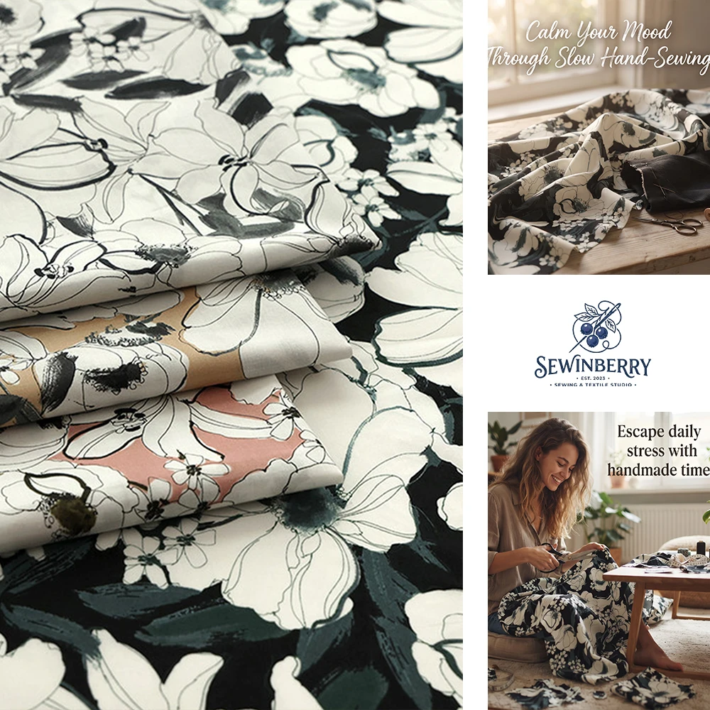 Vintage Ink Floral Printed Fabric Stress-Relief DIY Sewing Material For Dress Patchwork Home Textile Handmade Crafts