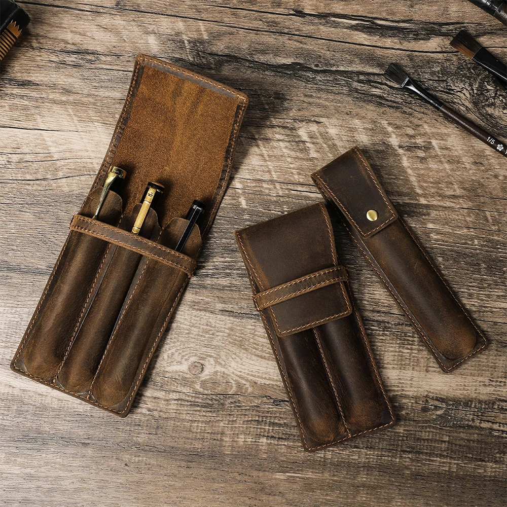 Handmade Crazy Horse Leather 1/2/3 Slots Pen Case Organizer Pocket Pen Holder Case for Adult Office School Vintage Retro Style - Image 2