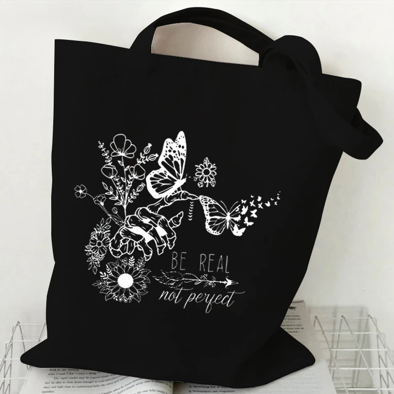 Vintage Wildflower Funny Canvas Tote Bag Women Butterfly Flower Shopping Bag Simplicity Aesthetics Reusable Female Shoulder Bag