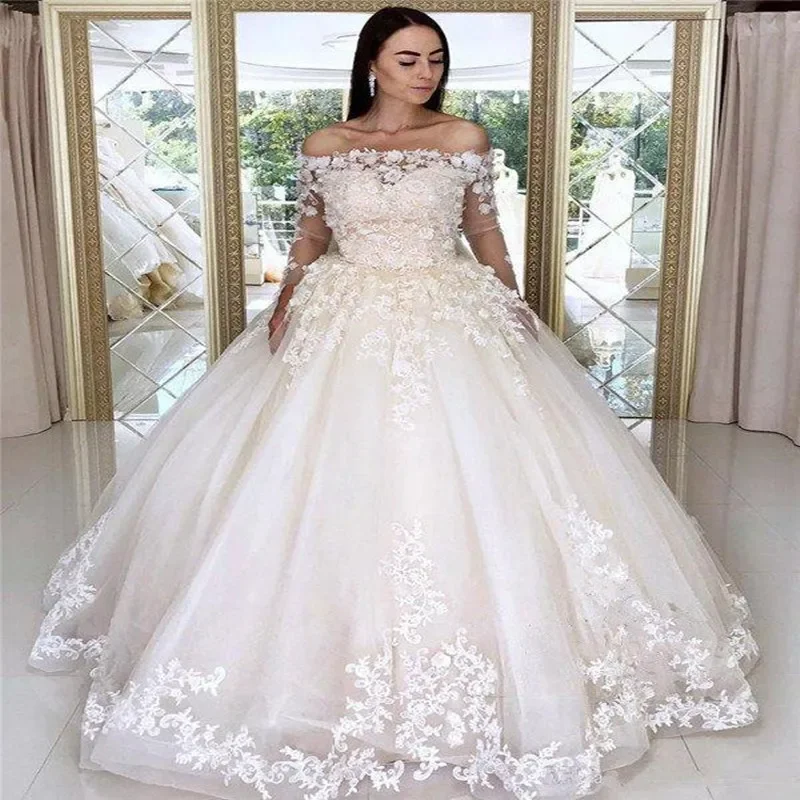 Customized New 3D Floral Lace Appliques Ball Gown Wedding Dresses Arabic Bateau Long Sleeves Bridal Gowns Sweep Train Vestidos