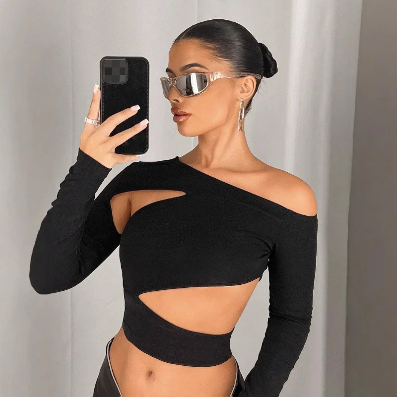 

Женский топ с открытыми плечами, футболка с асимметричным вырезом и длинными рукавами в европейском стиле, осеннее новое поступление