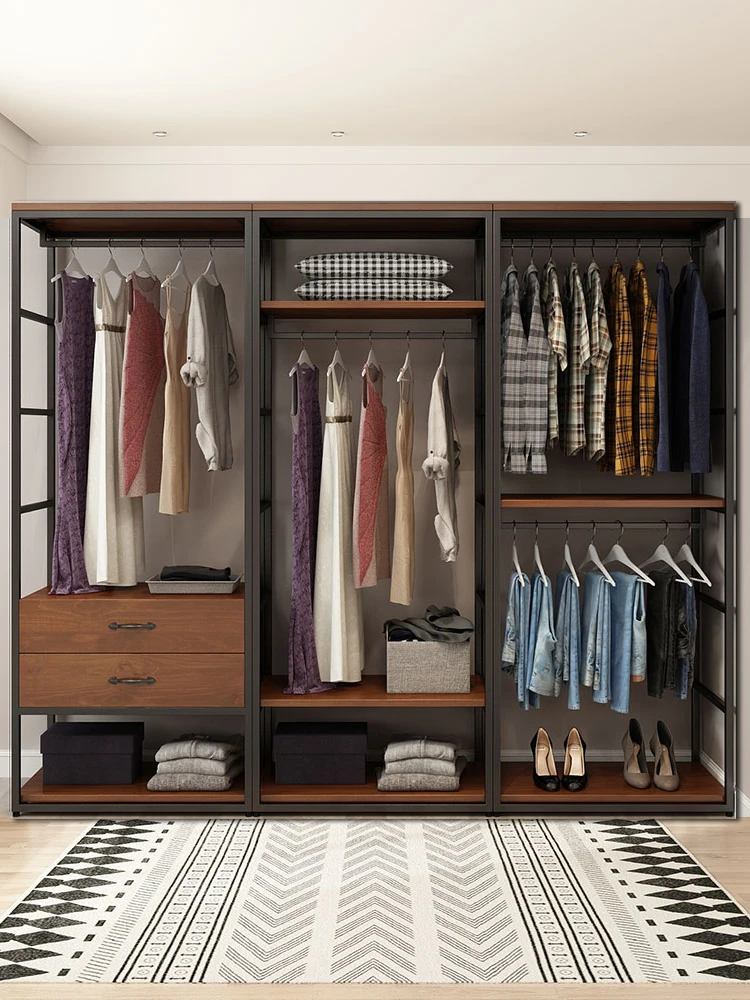 Walk-in closet Solid wood open metal cloakroom Floor-to-ceiling bedroom Wrought iron corner storage Hanging custom hangers