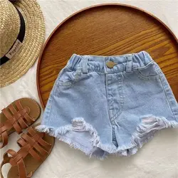 Summer Baby Girls Pants Washed Denim Ripped Shorts Hot Pants 2025 Summer New Fashion Children'S Clothing