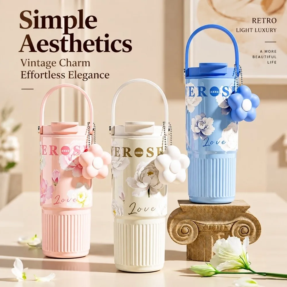 Trendy 750ML Water Bottles Leakproof Floral Printing Insulated Thermal Cup Portable Stainless Steel Tumbler for Lady Girls