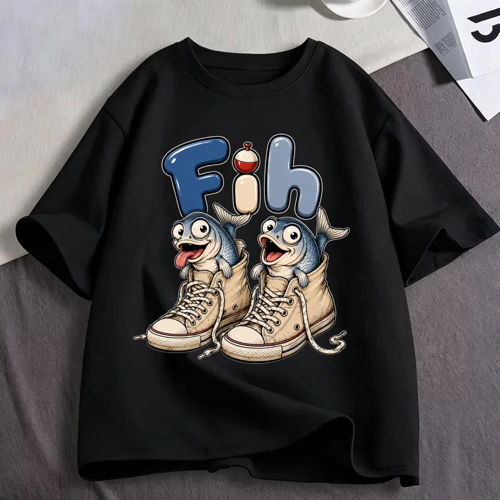Fih Shoes Silly Fish Cartoon Funny Meme T Shirts Men's Women Clothing Cotton Casual Oversized Short Sleeve T-shirts Streetwear