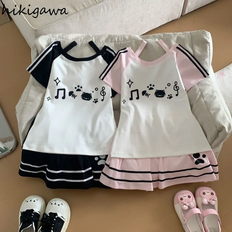 

Japanese 2 Piece Sets Women Clothes Off Shoulder Short Sleeve Tshirts A-line Mini Skirt Outfits Fashion Summer Cartoon Cute Suit
