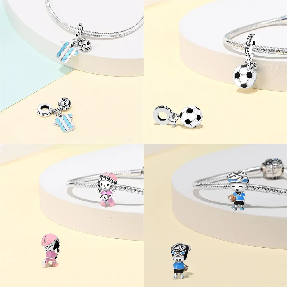Tennis Badminton Golf Boxing Sport Zircon Original Charms Silver Plated Bead Fit Bracelets Bag Keychain Diy Women Gift Accessory