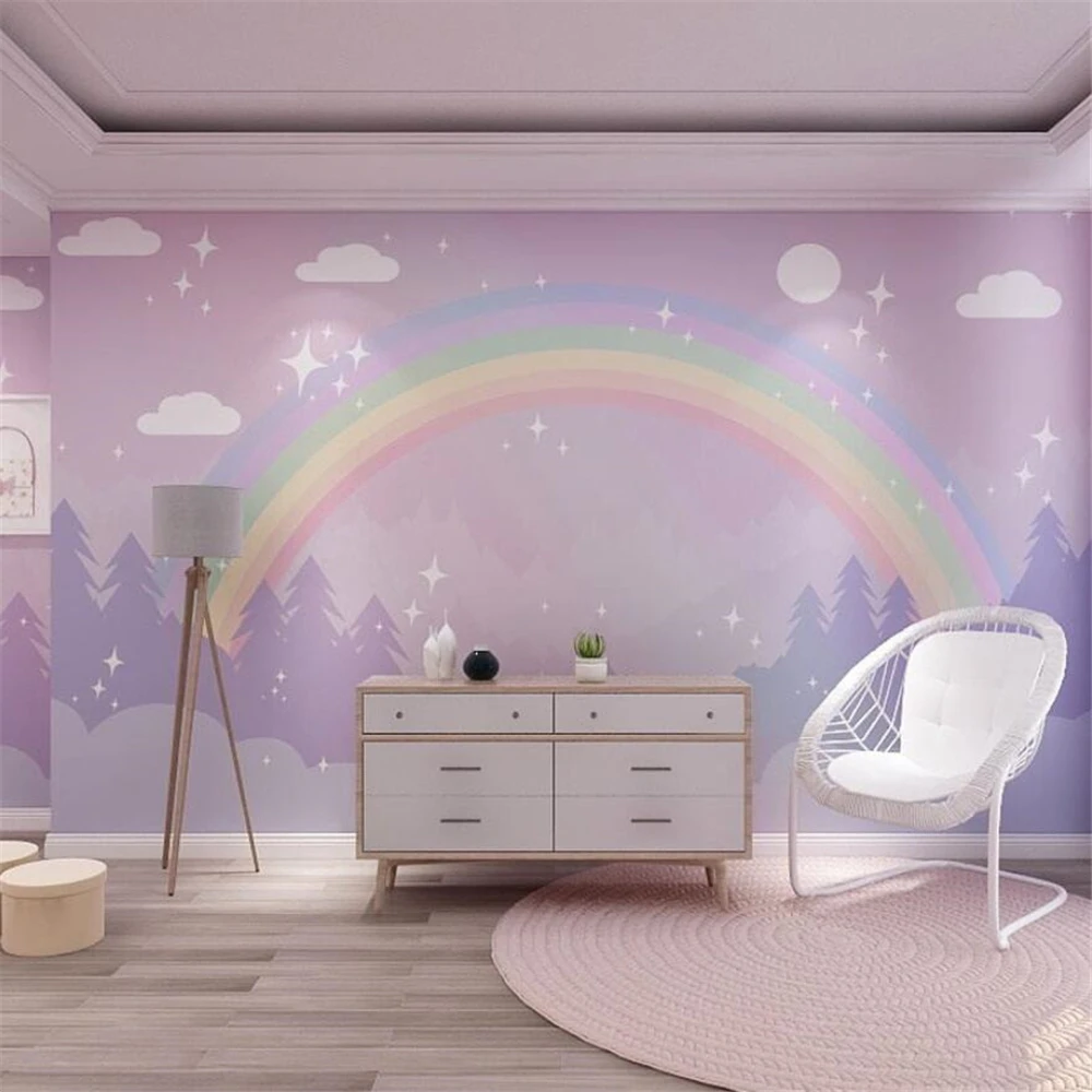 custom mural wallpaper for Children's room purple cloud rainbow wall sticker wall paper girl bedroom princess room TV background