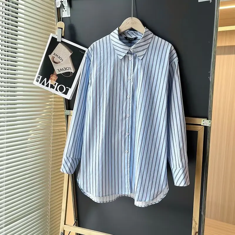 

Smart Commuter Blue Striped Long Sleeve Women's Shirt Autumn New Style Nautical Wind Casual Loose Fit Cotton Breathable