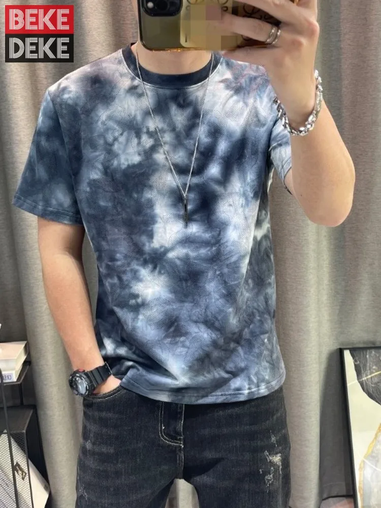 Personality Mens Tie Dye T-Shirt Summer Fashion Short Sleeve Casual Tops Slim Fit O-Neck Street Hip Hop Pullover Tees Top