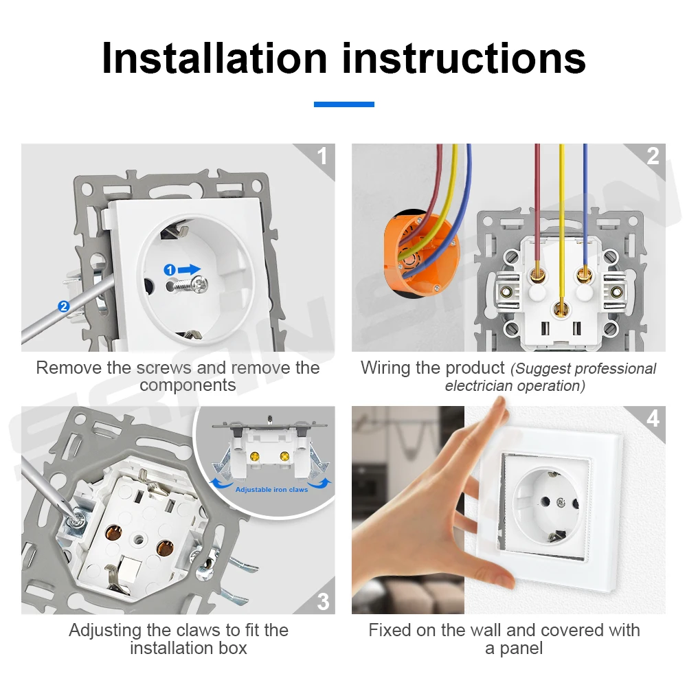 VISWE EU FR Type c and Usb wall socket 1-4 rame Glass panel Vertical installation combination For circular boxes Modular DIY - Image 6