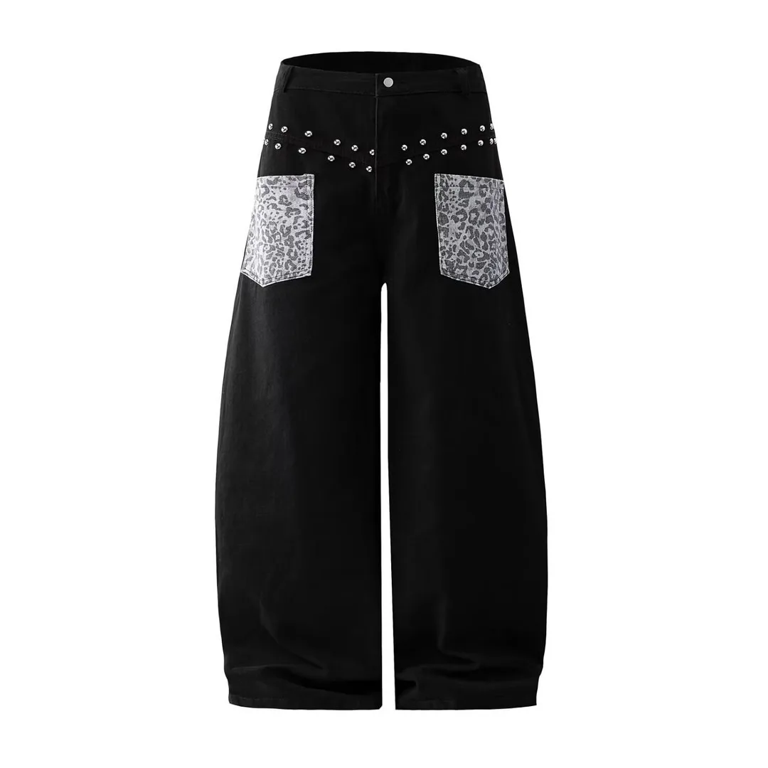 American Street Style Patchwork Leopard Print Pocket Splicing Knife  Wide Leg Jeans Men's Rivet Loose Fitting Trousers
