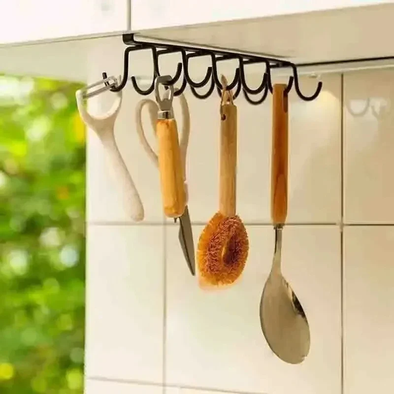 New Hole-free Kitchen Hook Rack  Iron Double-row Hook Hanging Rod  Kitchen Utensil Rack, Spoon and Shovel Rack Wall Hanging