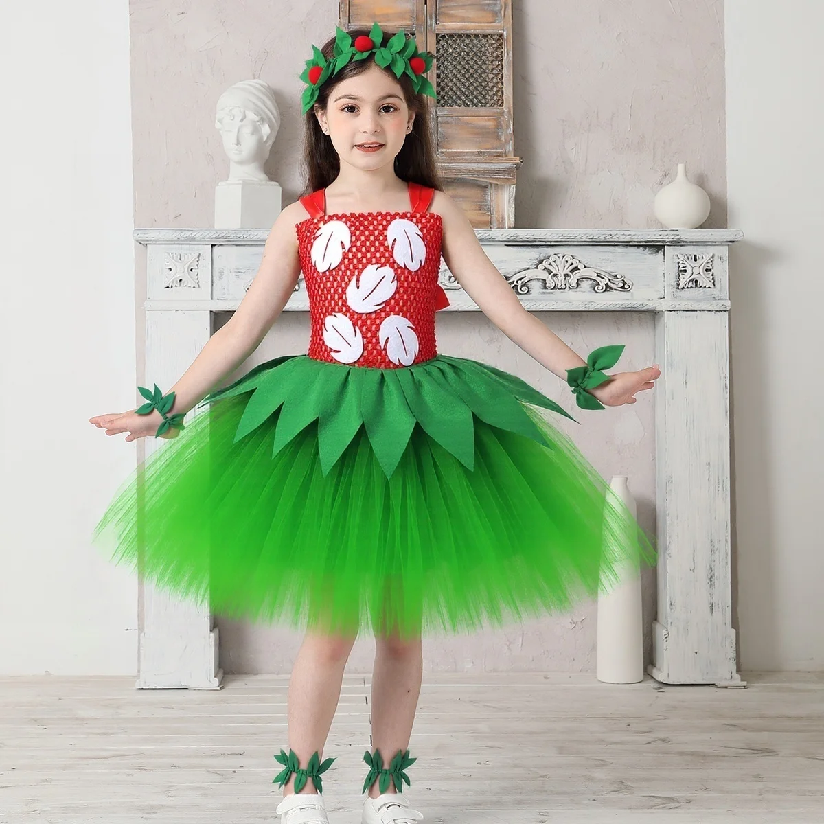 Hawaiian Island Girls Tutu Dress Cartoon Lilo Fancy Cosplay Costume Kids Beach Hula Party Princess Dresses with Flowers Garland