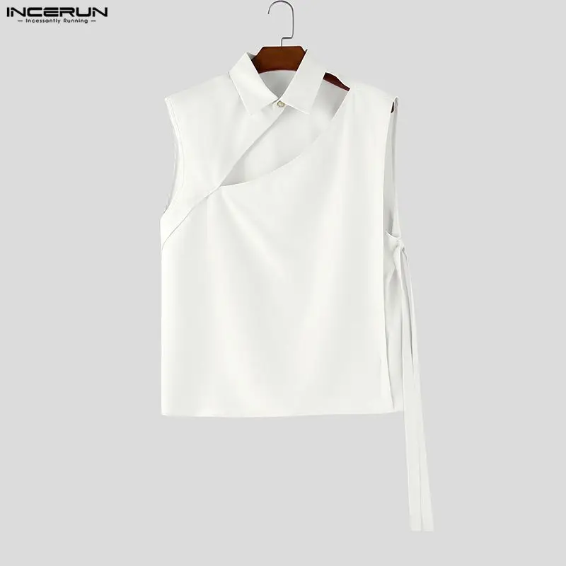 

INCERUN Men Shirt Solid Lapel Sleeveless Hollow Out Men Clothes Streetwear Lace Up 2026 Stylish Casual Tops Shirts For Man S-5XL
