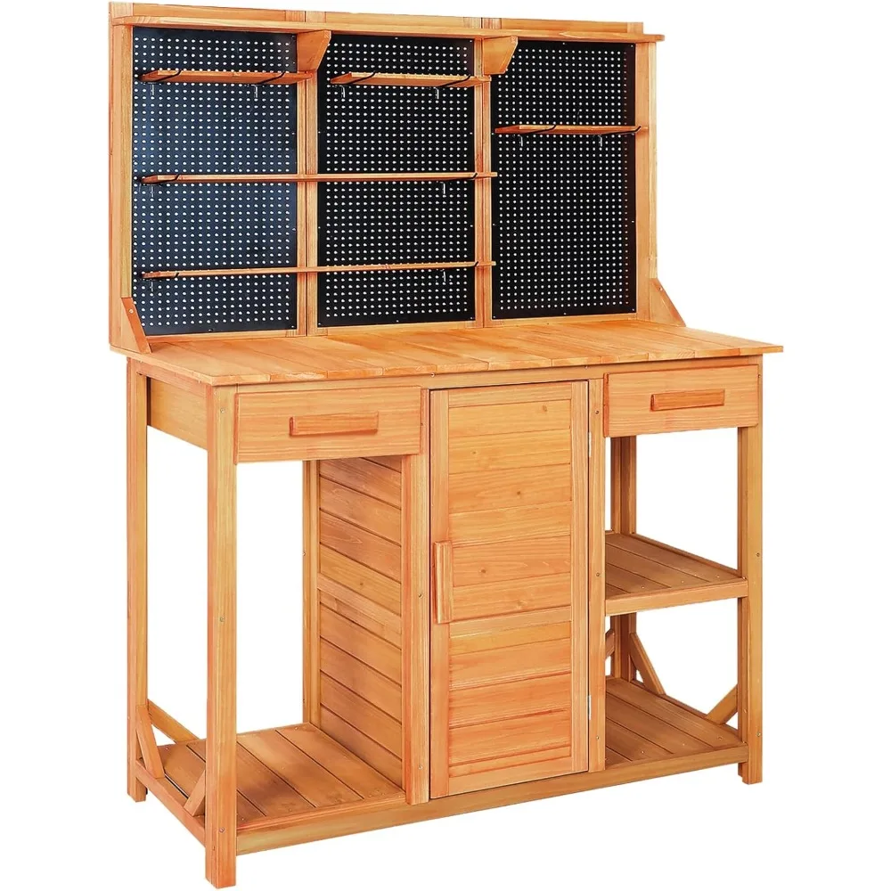 

Outdoor Garden Potting Bench, Horticultural Wooden Workstation Table with Storage Drawer, Cabinet, Metal Pegboard, Adjustable Ho